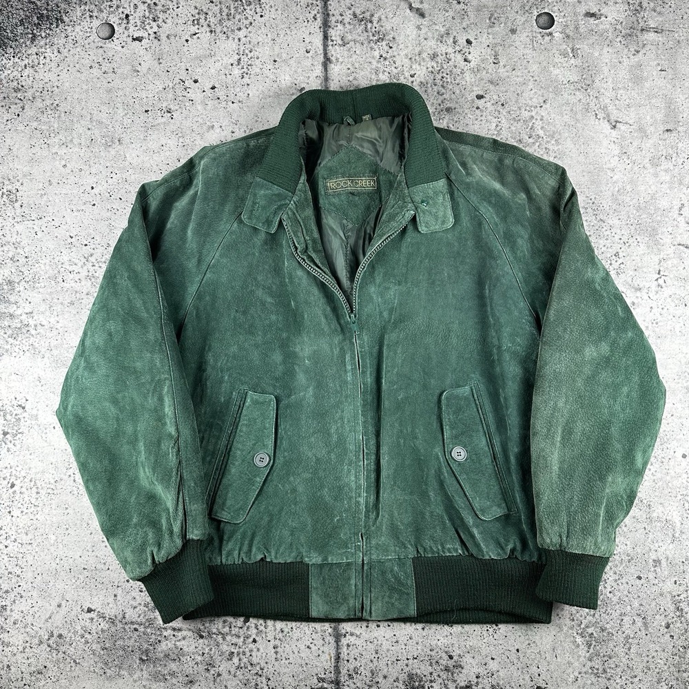 Rock Creek Uni-sex Suede Leather Bomber Jacket Green Zip Pockets Lined Filler M